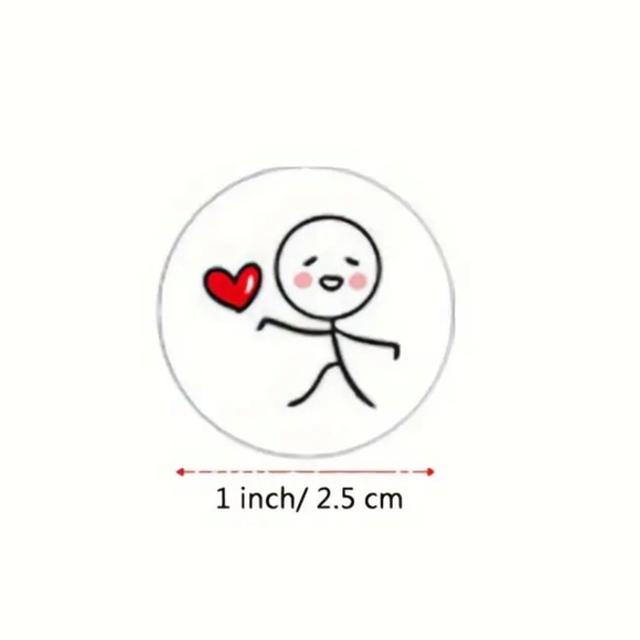 (31) Roll of 500 Whimsical Cartoon Stick Man with Heart Stickers (1” diam) - Picture 4 of 7